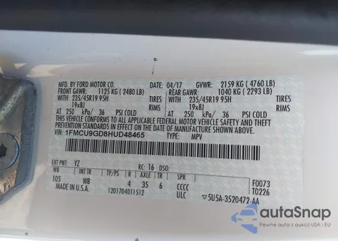 2017 Ford Escape Se из США, поврежденный, VIN 1FMCU9GD8HUD48465